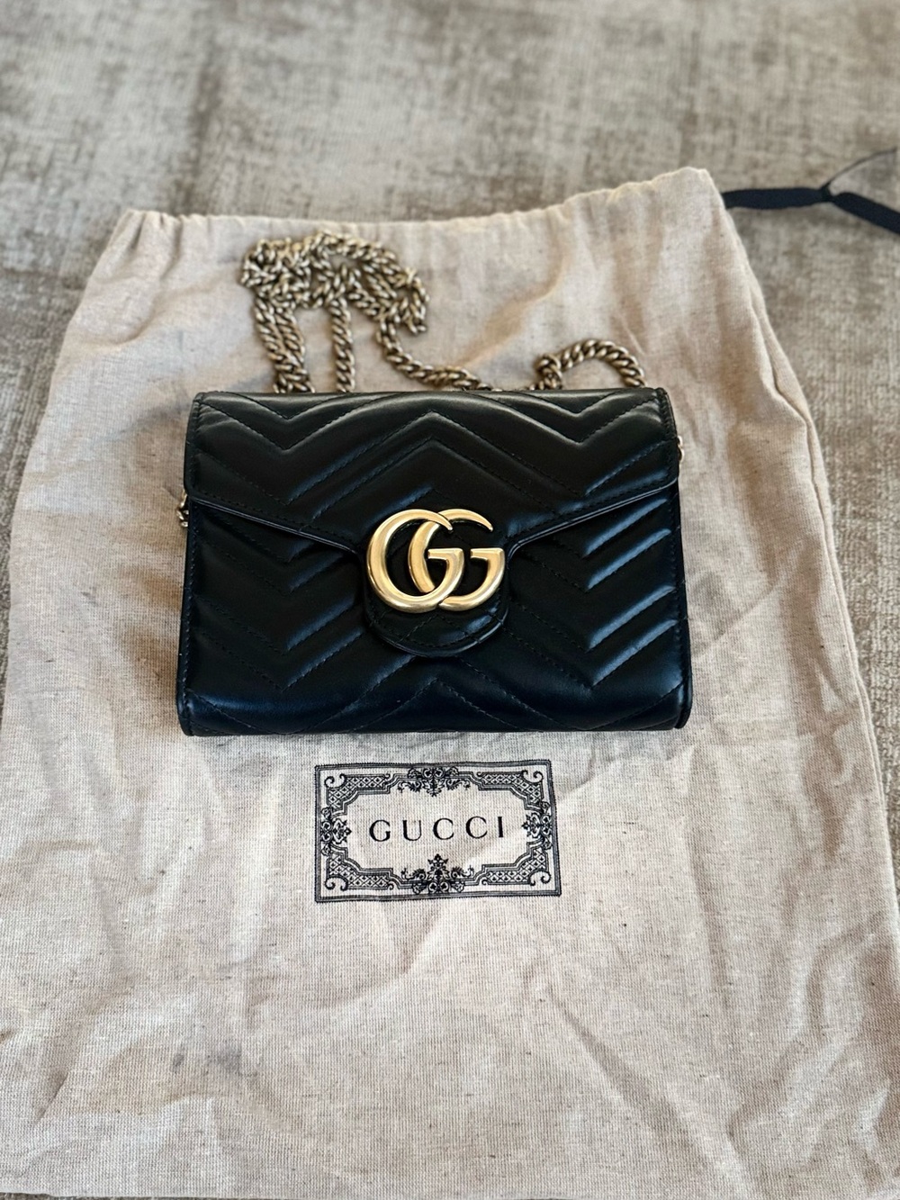 Gucci Black GG Marmont Matelassé Leather Wallet on Chain